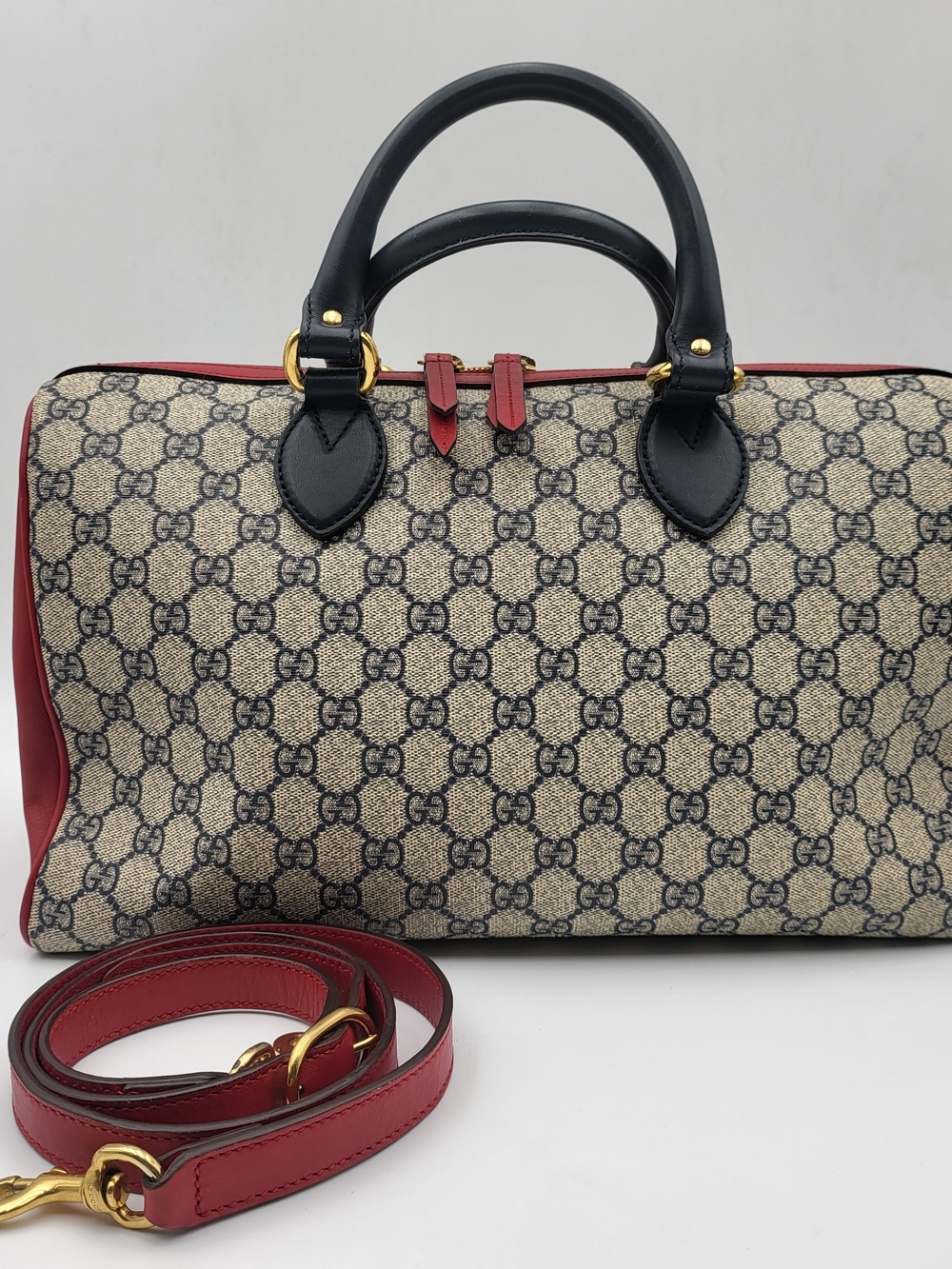GUCCI GG Supreme Monogram Boston 35 Beige Blue Hibiscus Red..Authentic w/COA.